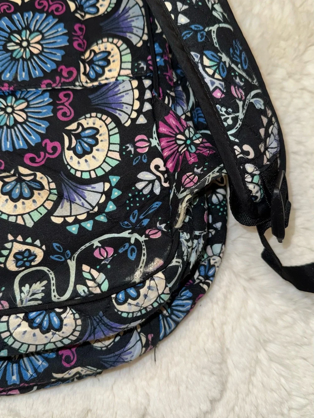 Vera Bradley Black Floral Quilted Backpack with Blue & Purple Accents